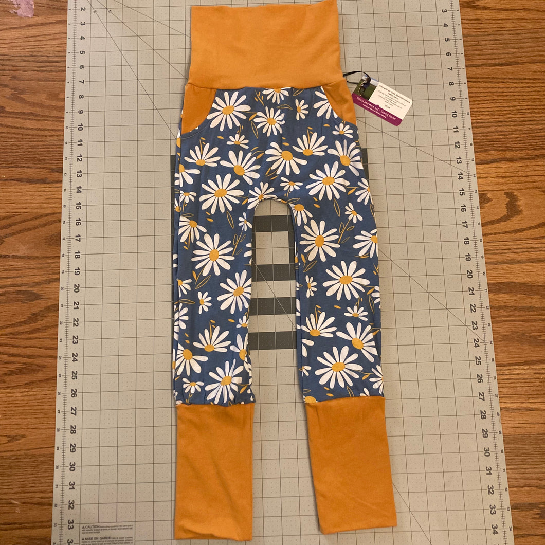 Daisies on Blue Mustard Cotton Spandex Maxaloones with Pockets